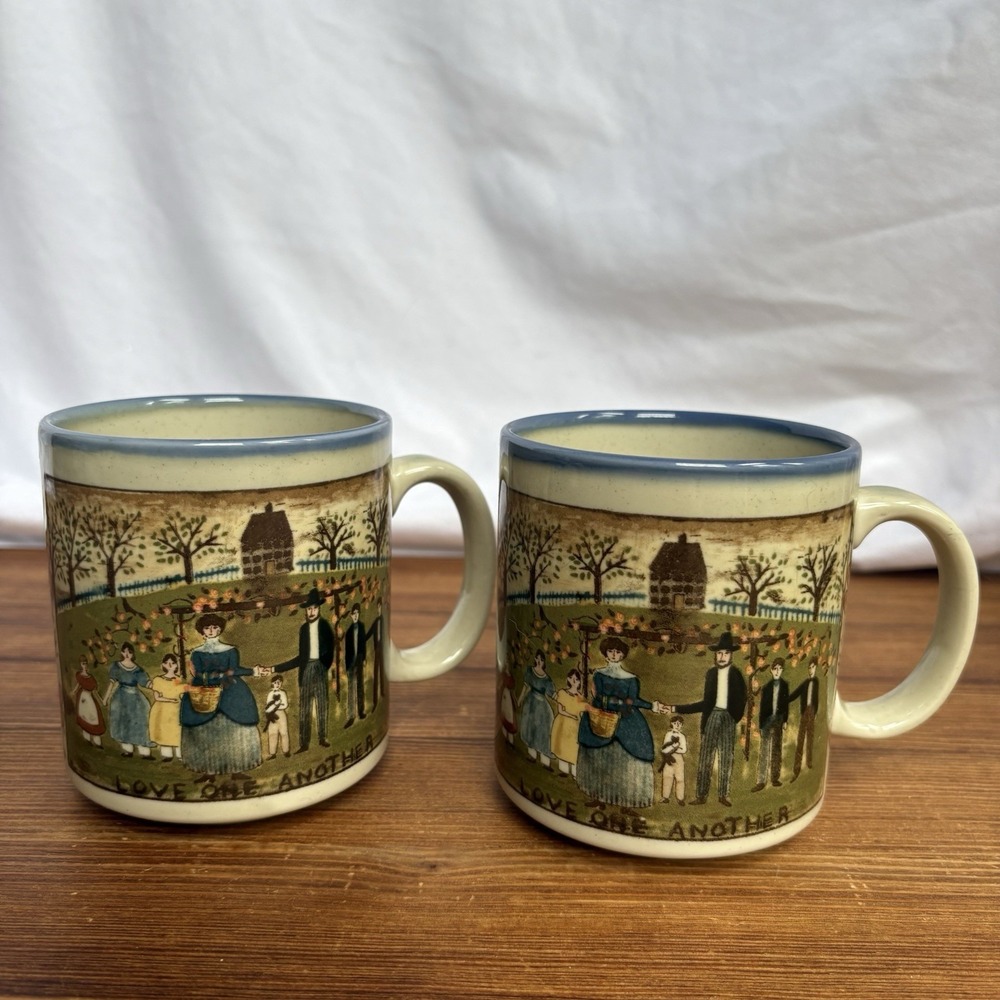 Vintage Otagiri Japan Love One Another Folk Art Coffee Mugs Set of 2